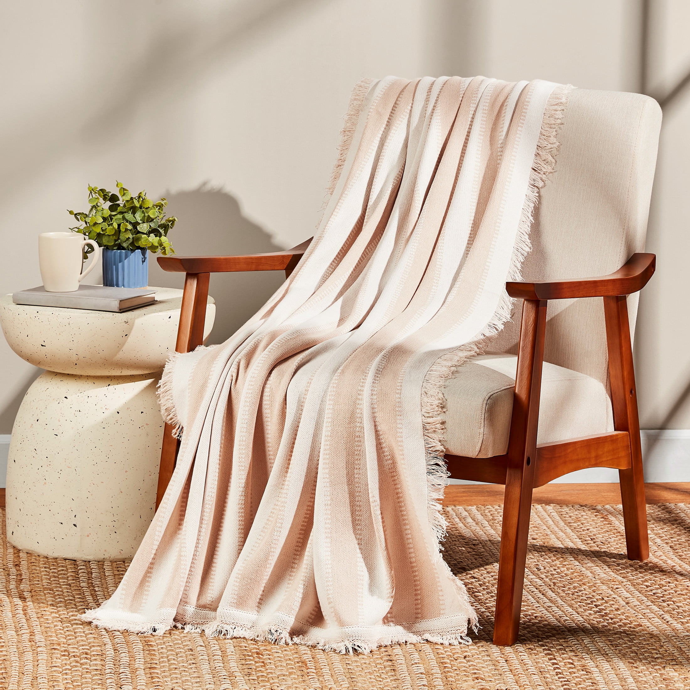 Mainstays by Becky G. & Alejandra Tapestry Knit Throw, Beige Stripe, 50" x 60" | Walmart (US)