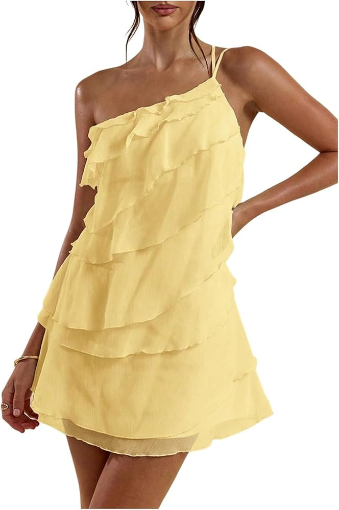 SOLY HUX Women's Mini Dress One Shoulder Ruffle Mesh Dresses Layered Backless Vacation Party Sund... | Amazon (US)