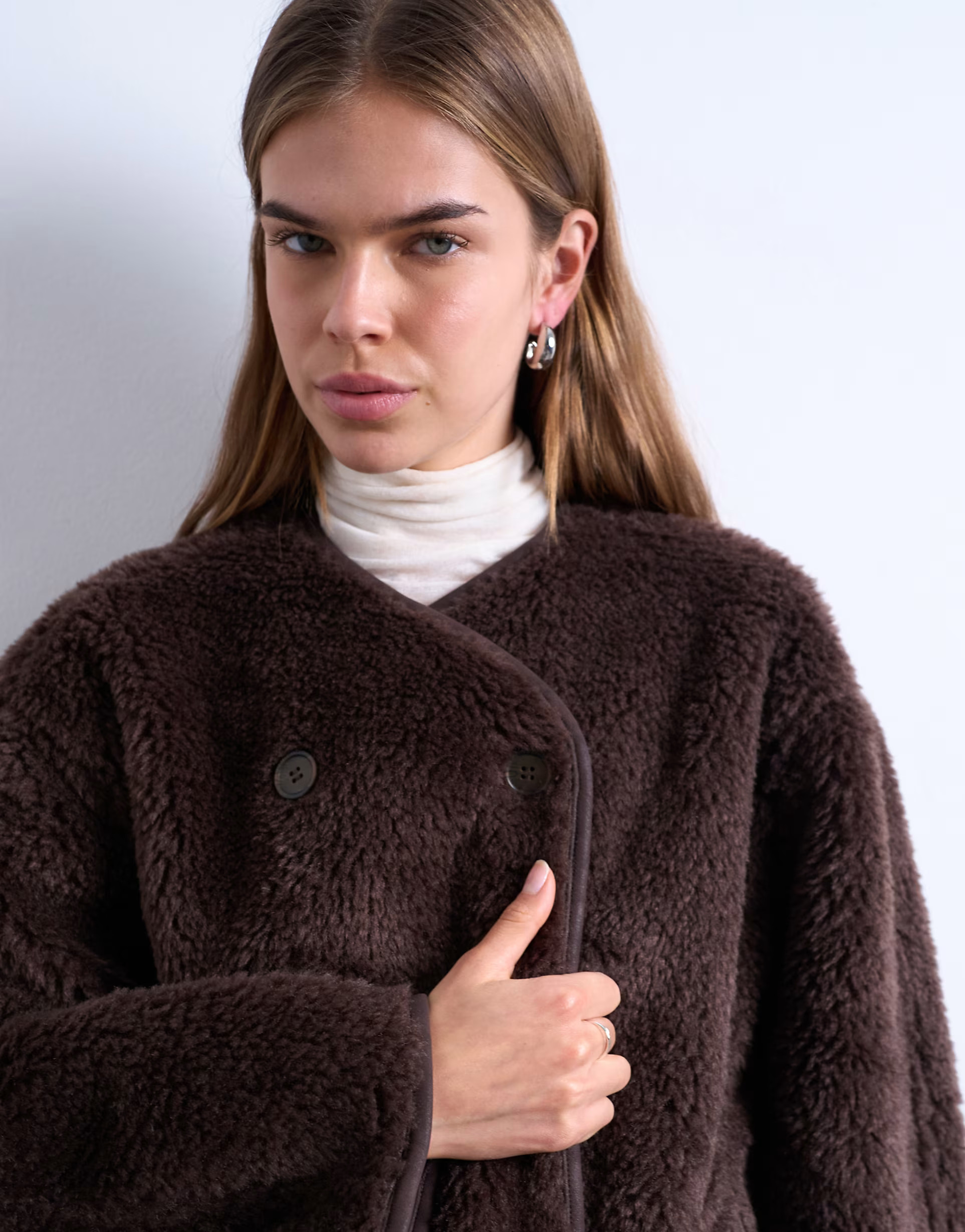 Topshop ovoid short shearling double breasted jacket in choc | ASOS (Global)