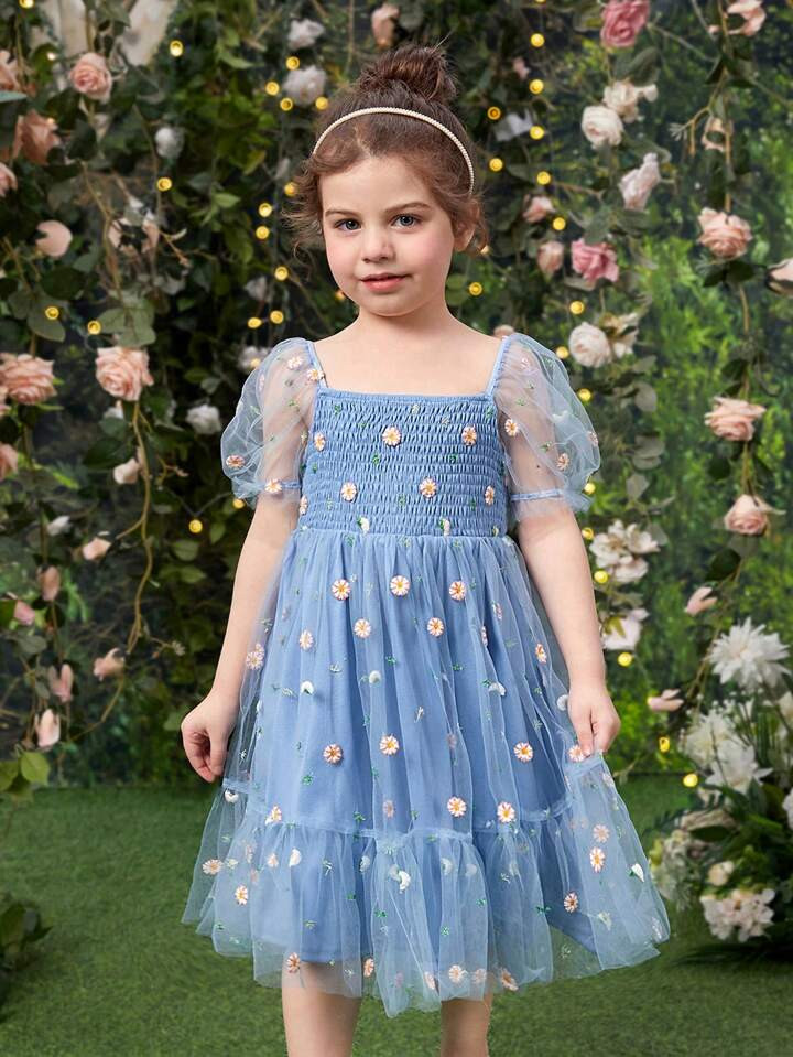 SHEIN Kids CHARMNG Toddler Girls Floral Embroidery Mesh Overlay Dress | SHEIN