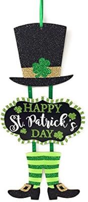 Glittery "Happy St. Patrick's Day" Themed Hanging Welcome Sign with Leprechaun Top Hat and Feet | Amazon (US)
