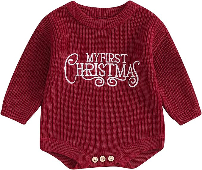 My First Christmas Baby Girl Boy Outfit Embroidery Knit Sweater Long Sleeve Sweatshirt Romper Fal... | Amazon (US)