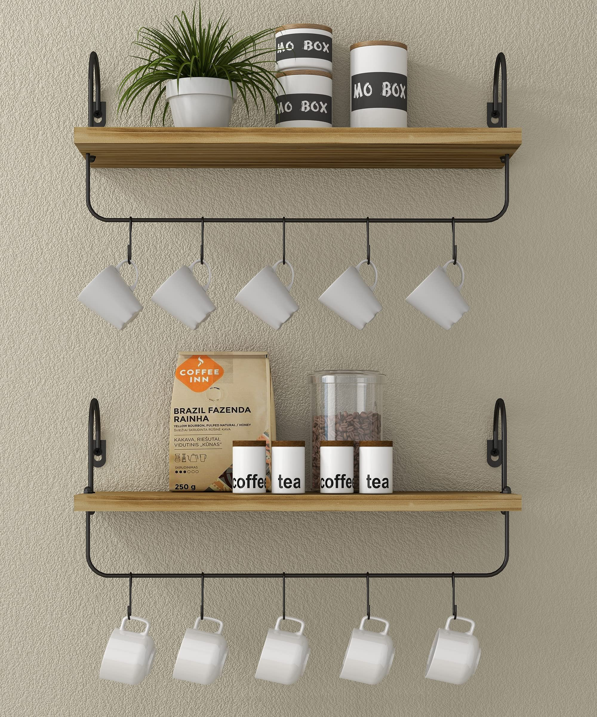 Godimerhea Floating Shelves with Hooks, Set of 2 Rustic Wall Mounted Wooden Decorative Storage Sh... | Amazon (US)
