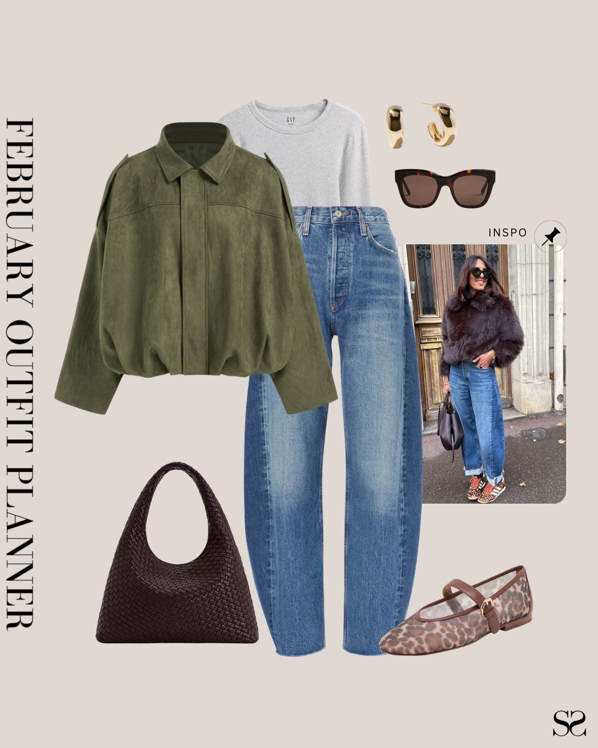 Monthly outfit planner FEBRUARY: Winter outfits | barrel jean, olive suede jacket, gray tee, leopard mesh flats, woven tote

#classicstyle #LTKstyletip #winteroutfit #springoutfit #casualchic #transitionaloutfit

Image inspo credit: Pinterest 

#LTKgrwm #LTKootd