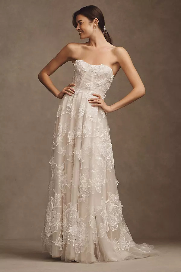 Arien Strapless Corset Floral Appliqué A-Line Wedding Gown | Anthropologie (US)
