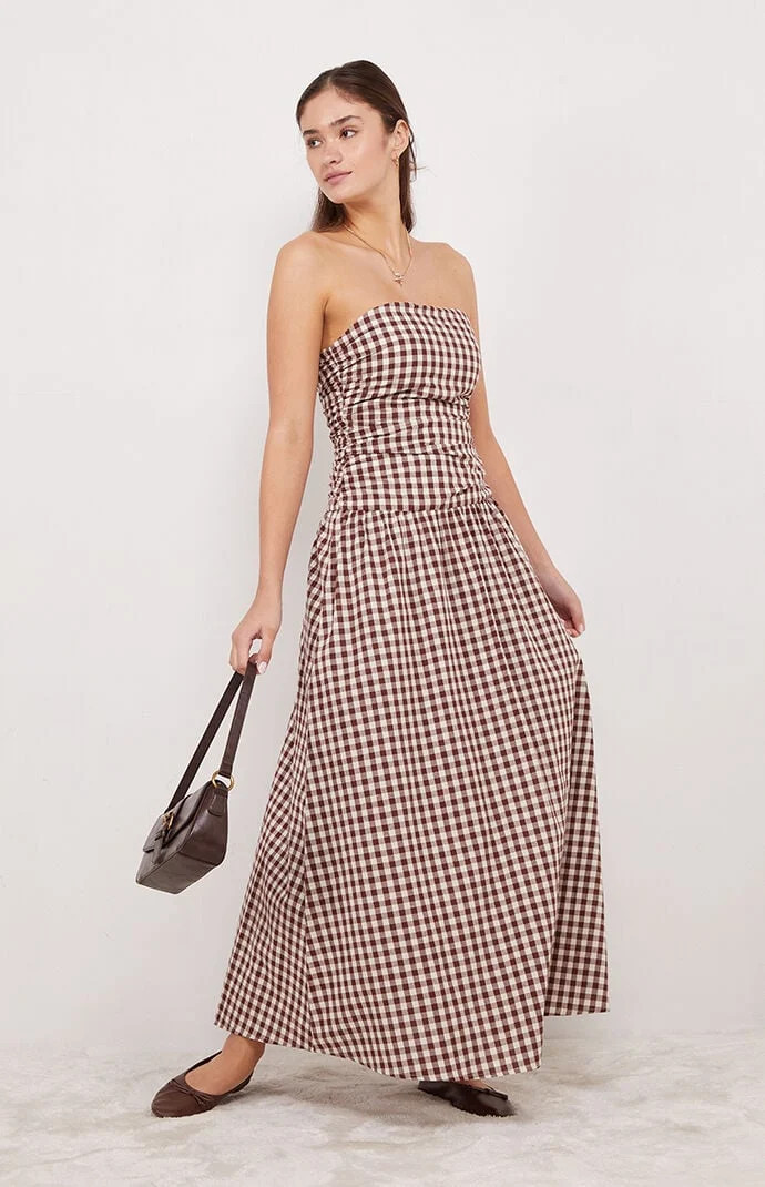 Your Favorite Women's Gemma Strapless Gingham Maxi Dress in Brown - Size Medium | PacSun
