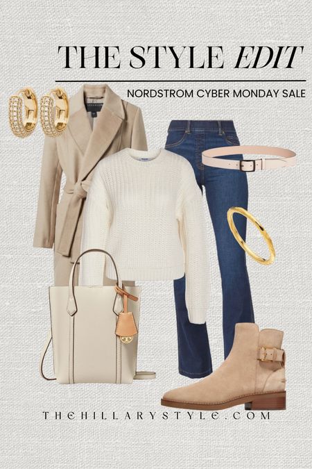 The Style Edit: Nordstrom Cyber Monday Deals. Casual winter outfit with staple pieces  from top brands on sale at Nordstrom. Bootcut denim, white sweater, wool coat, boots, handbag, gold huggie earrings, gold hammered ring, leather belt. Spanx, Cole Haan, Bernardo, Noisy May, Tory Burch, Kate Spade, Rag and Bone, Monica Vinader. Casual outfit, winter outfit, OOTD.

#LTKCyberWeek #LTKsalealert #LTKfindsunder100