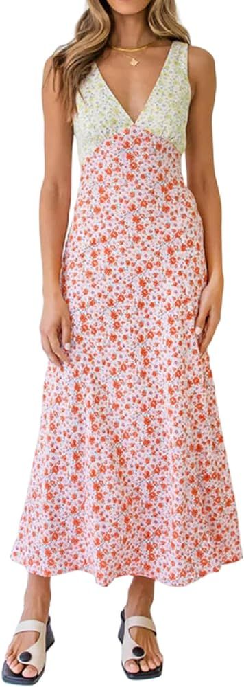 Women Y2k Floral Deep V Neck Maxi Dress Sleeveless Patchwork Long Dress Going Out Flowy Sundress ... | Amazon (US)