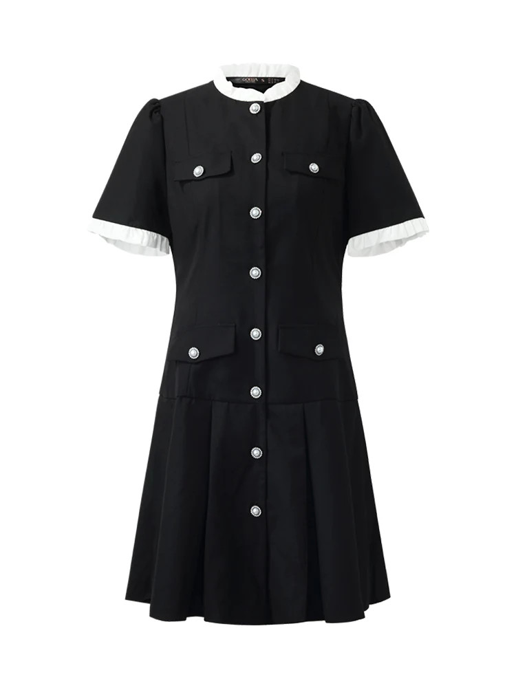 Ruffle Trim Pearl Buttons Women Mini Dress | GOELIA