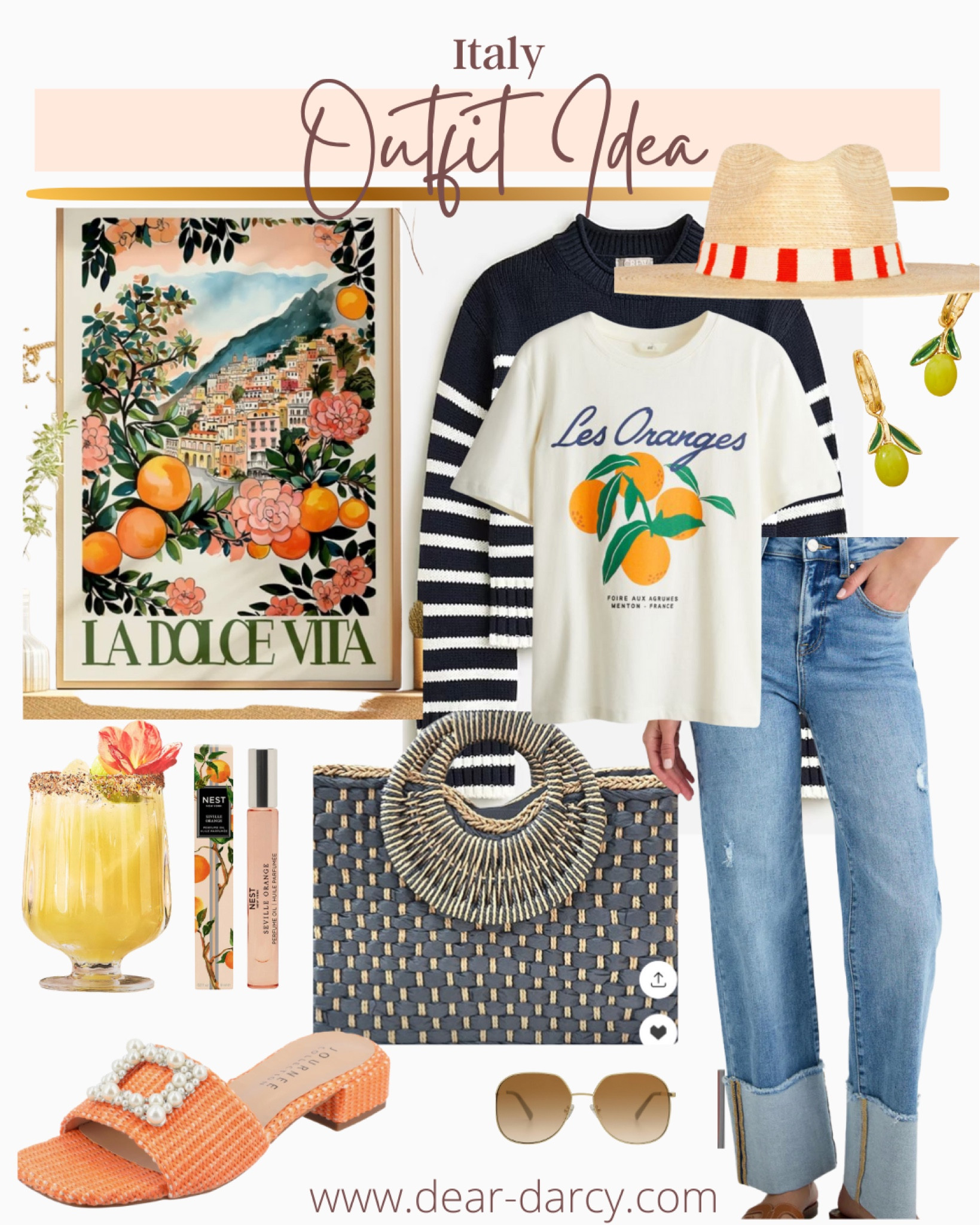 Vacation to Italy?
Or do you just want your look like it?

Heres a fun outfit inspiration you can copy for vacation …or a great outfit for brunch, girls lunch, shopping etc

Risen jeans tts under $60  feel like premium denim 

Graphic tee tts 

J crew navy stripe sweater fits tts
On major sale 

Amazon find straw bag 

Great glasses for juices to cocktails 

Roll on perfume 

Straw hat with orange stripe band 

Fruit earrings 

Orange sandals with bling buckles for a little special touch 

Italy poster under $30 perfect for a kitchen 

Amazon sunglasses under $15

#denimjeans #cuffdenim # tee shirt style #traveloutfit #brunch

#LTKFindsUnder100 #LTKStyleTip #LTKSaleAlert