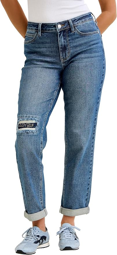 Judy Blue Womens Jeans - Mid Rise Boyfriend Embroidered Repair Patch | Amazon (US)