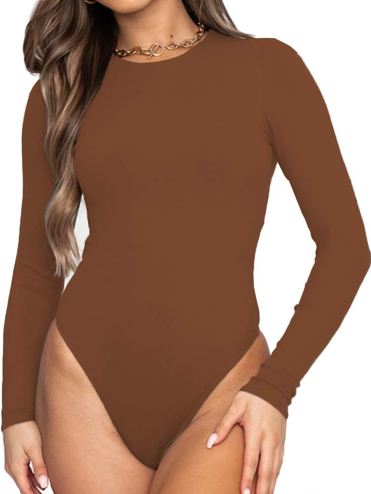 Allchic Womens Long Sleeve Bodysuit Tops Round Neck T Shirt Sexy Jumpsuits | Amazon (US)