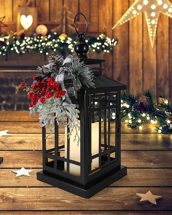 iStatue Metal Black Christmas Lantern with Flameless Candle, 14'' Modern Farmhouse Decor Festive ... | Amazon (US)