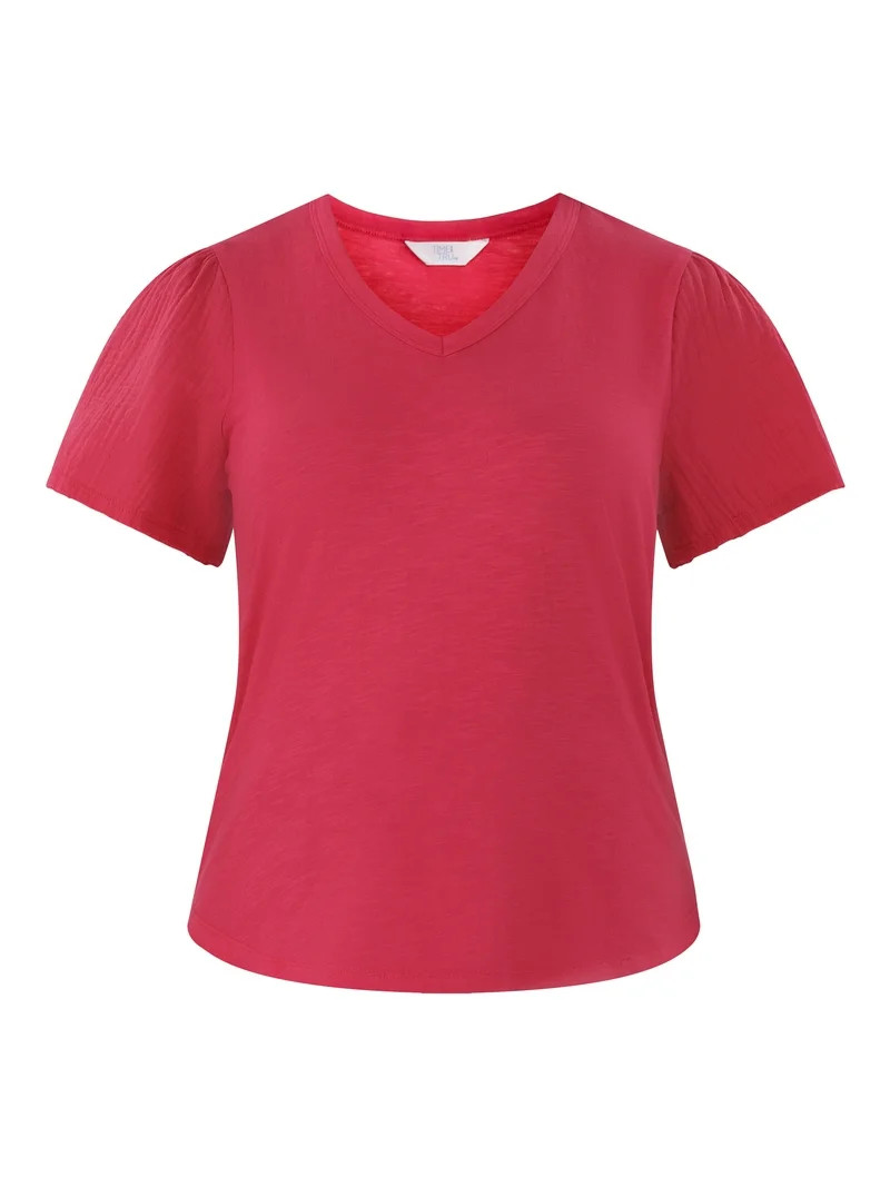 Time and Tru Women's Cotton Tee with Double Cloth Short Sleeves, Sizes XS-XXXL - Walmart.com | Walmart (US)