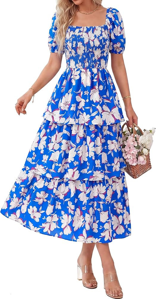 BTFBM Womens Square Neck Smocked Dress Summer Puff Short Sleeve Floral Casual Ruffle Tiered Maxi ... | Amazon (US)
