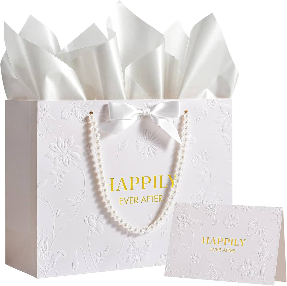 Crisky 13" Embossed Wedding Gift Bag with Pearl Handles, Large Bridal Shower Gift Bag with Greeti... | Amazon (US)