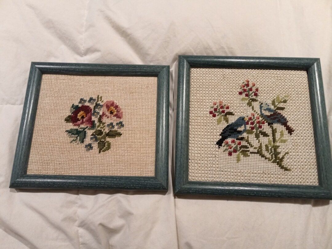 Pair of vintage floral and birds cross stitch framed needlepoint | Etsy (US)