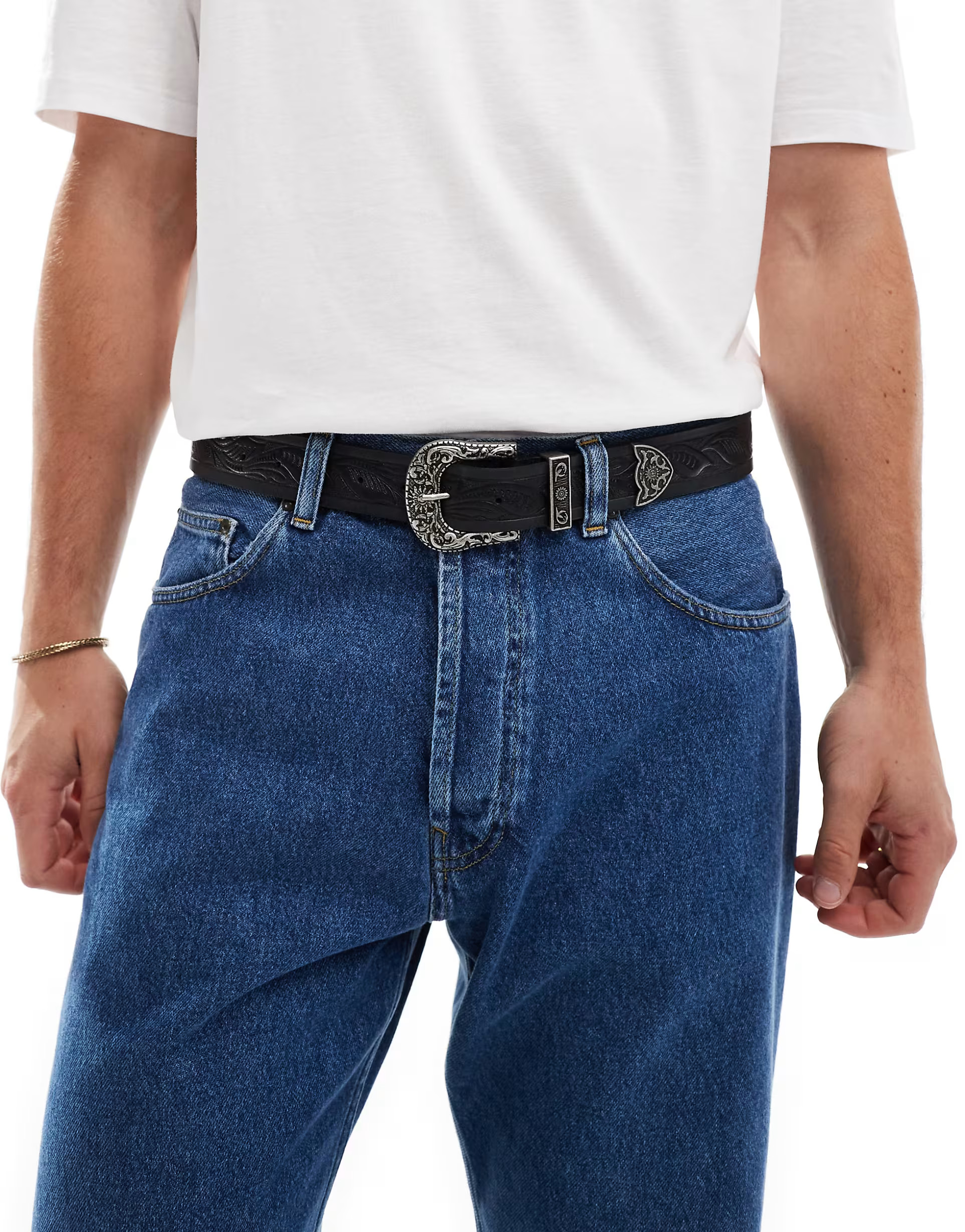 ASOS DESIGN embossed leather belt with western buckle in black | ASOS (Global)