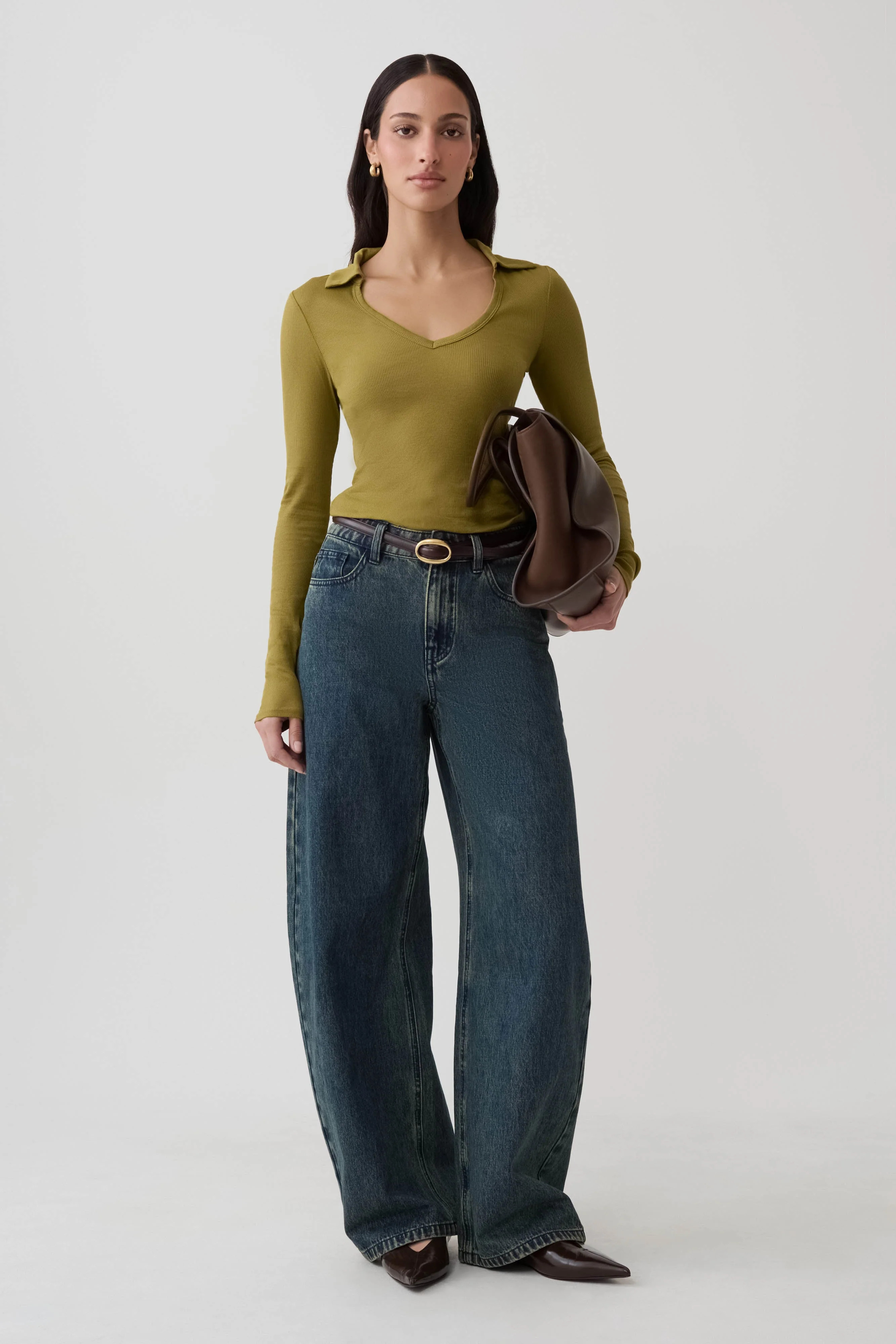 Jessina Collared Long Sleeve Top / Olive | MESHKI | 3XL | MESHKI US