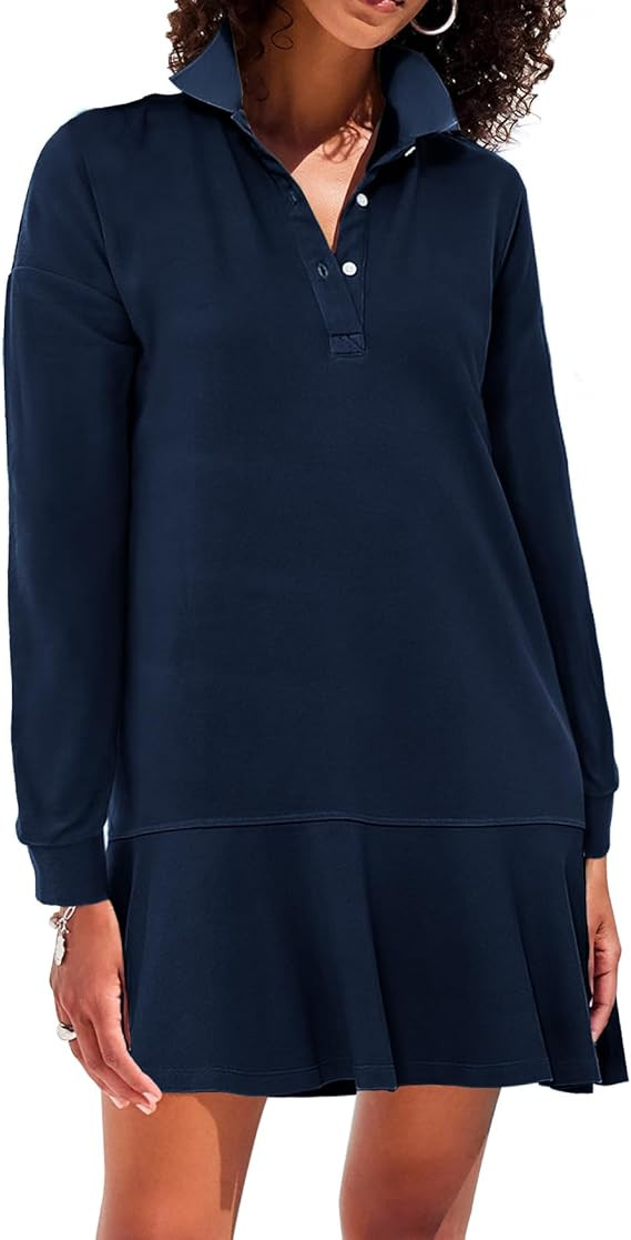 Women's Polo Dress Long Sleeve Collared V-Neck Ruffle Hem Fall Shirt Mini Dresses | Amazon (US)