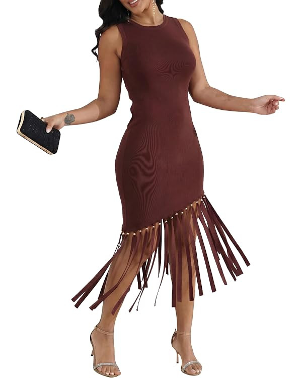 Ryehack Women’s Sexy Bodycon Midi Dress Elegant Sleeveless Asymmetrical Fringe Cocktail Prom Pa... | Amazon (US)