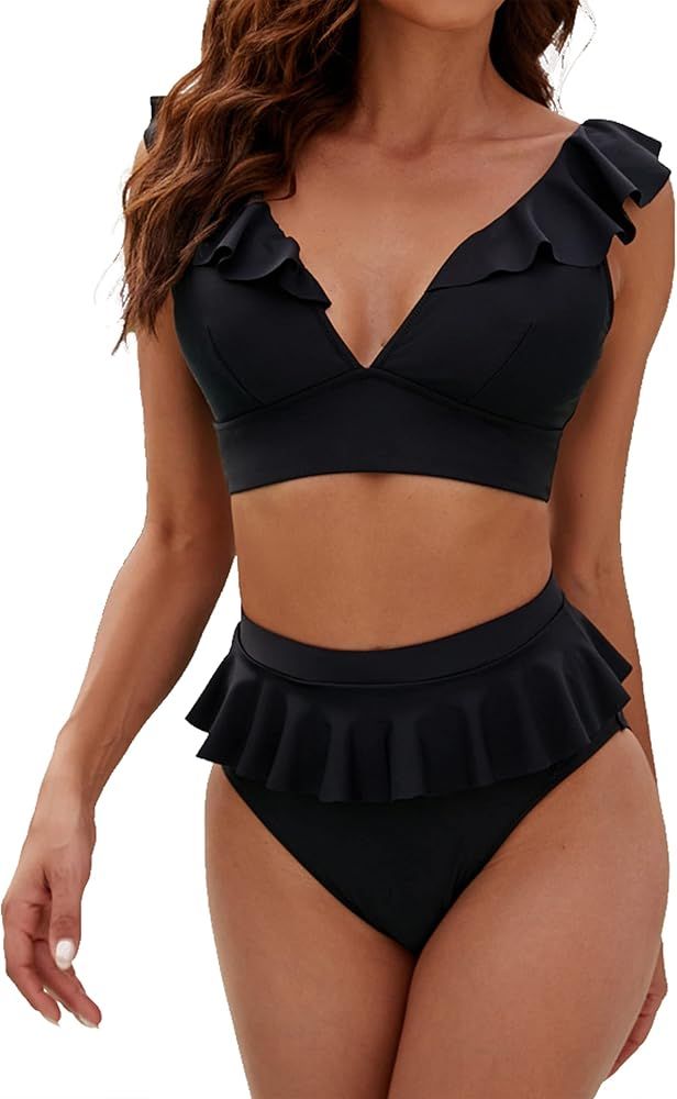 Blooming Jelly Womens High Waisted Bikini Sets Ruffle Swimsuits Two Piece High Cut Bikini High Le... | Amazon (US)
