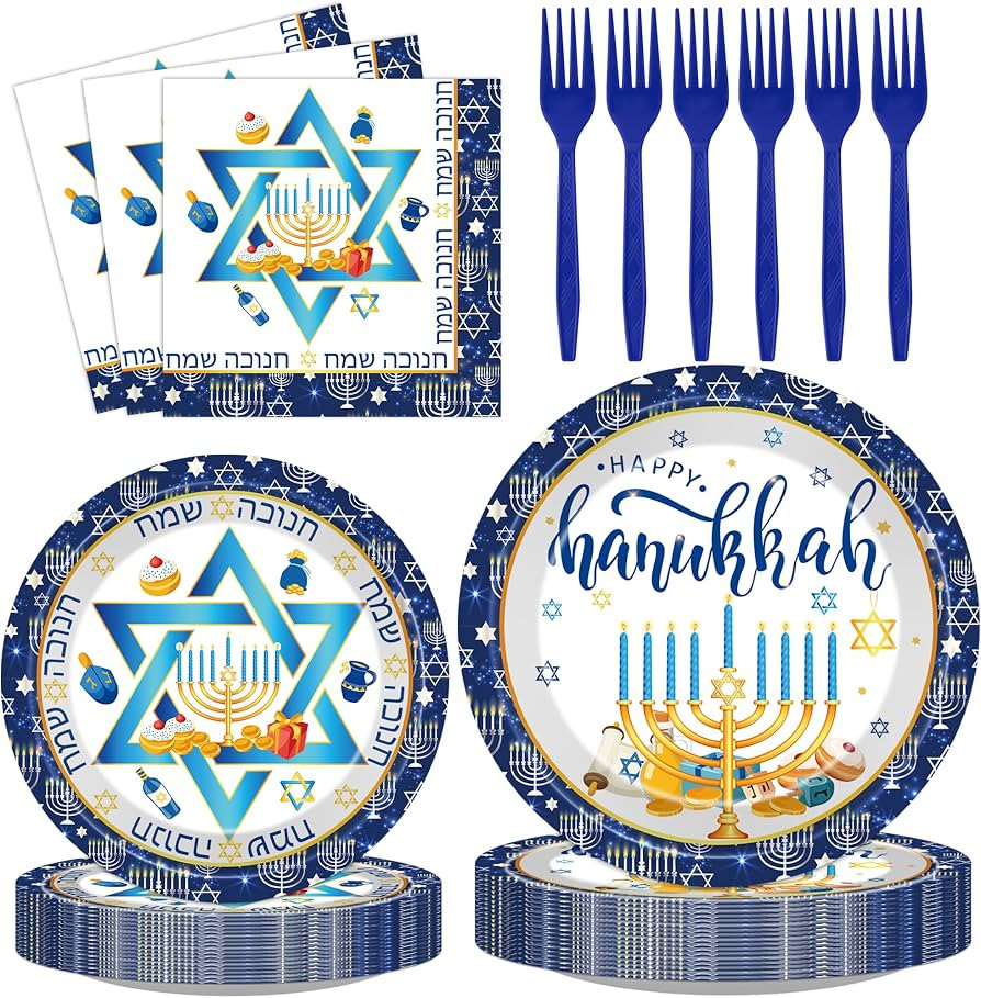 Hanukkah Party Plates Decorations - 96 Pcs Chanukah Paper Plate and Napkins Forks Tableware Set D... | Amazon (US)