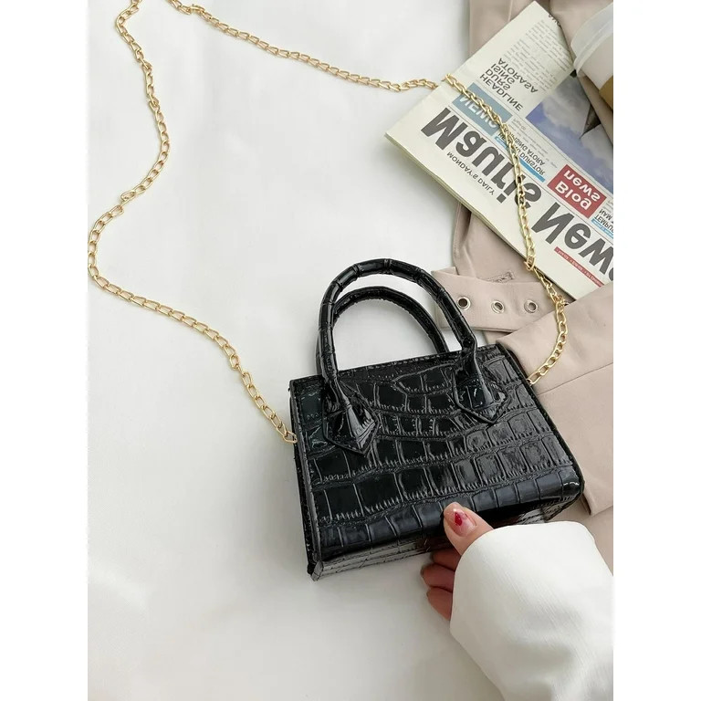 Elegant Women's Mini Croc Embossed Double Handle Shoulder Crossbody Handbag Satchel Bags Black | Walmart (US)