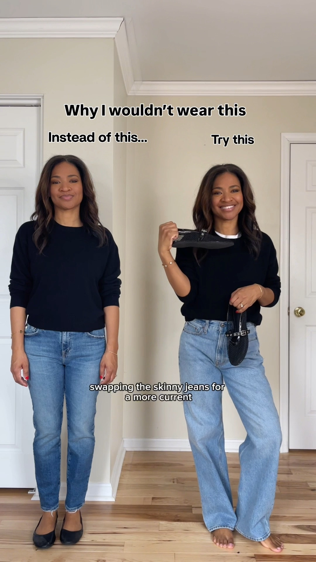 Linking my exact second pair of jeans but also linking similar ones! Wearing a size 27/4 in jeans and a medium in the black sweater, small in the white t shirt. Ballet flats are TTS

#ltkseasonal #ltkootd #ltkover40