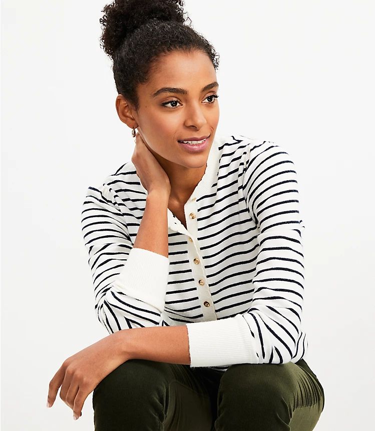 Striped Puff Sleeve Henley Sweater | LOFT