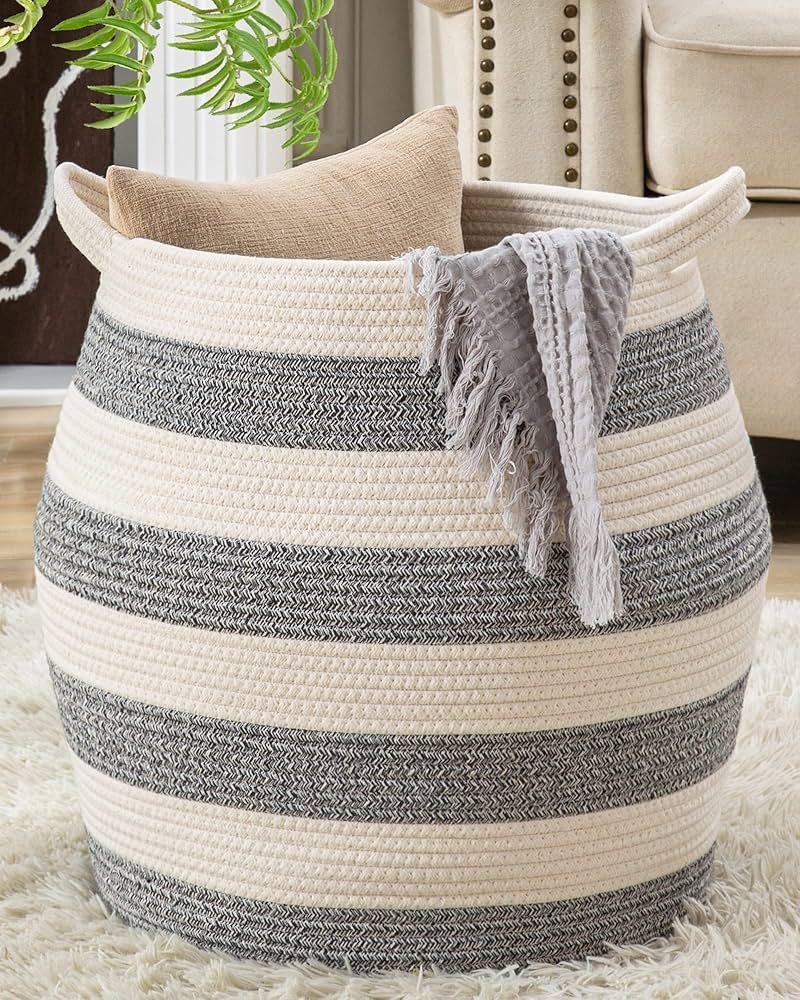 KAKAMAY Woven Baskets for Storage(17"x17"),Large Cotton Rope Basket Woven Baby Laundry Hamper,Col... | Amazon (US)
