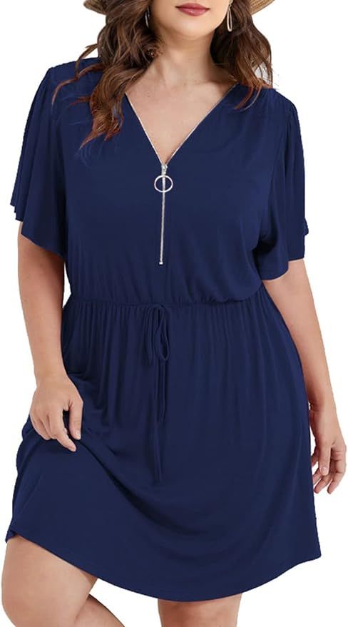 vepeabak Womens Plus Size Dress Zipper V Neck Solid Flutter Short Sleeve Tie Waist Mini Dress wit... | Amazon (US)