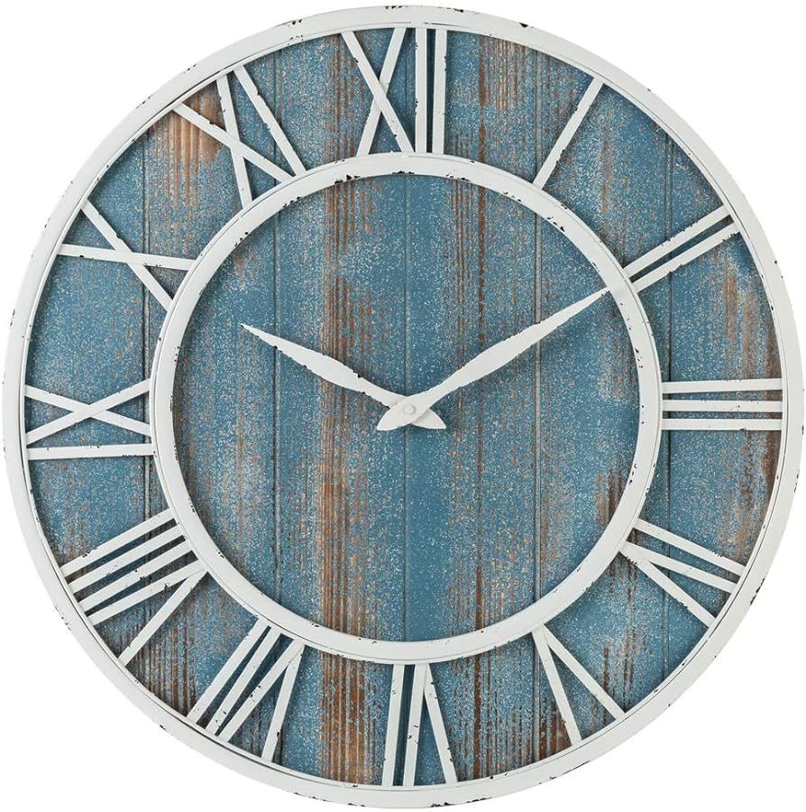 24" Coastal Wall Clock - Metal & Solid Wood Noiseless Weathered Beach Blue Wall Clock (Coastal Bl... | Amazon (US)