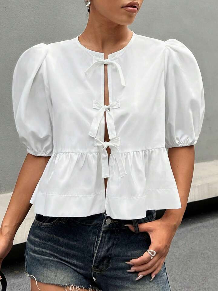 SHEIN EZwear Solid Color Round Neck Puff Sleeve Tie Front Women Shirt | SHEIN