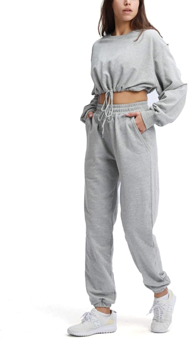 Aoxjox Sweat Suits for Women Set 2 Piece Outfit Ribbed Cropped Oversized Sweatshirt with Full Length | Amazon (US)
