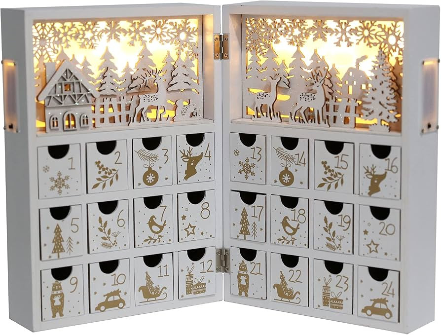 Christmas Wooden Advent Calendar Book with LEDs White & Gold Christmas Reindeer Countdown Holiday... | Amazon (US)