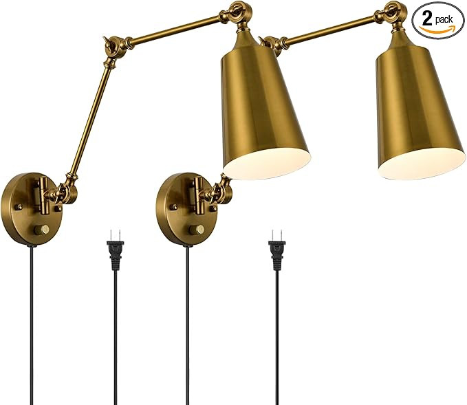 Bsmathom Industrial Swing Arm Wall sconces Set of 2, Farmhouse Brass Wall Sconce Lighting, Plug i... | Amazon (US)