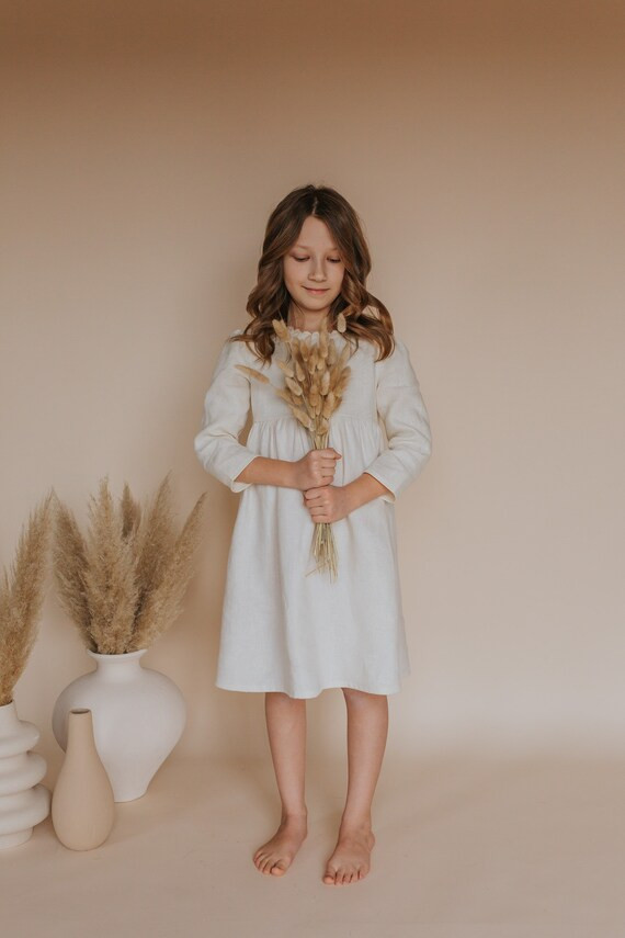 Lucia Scalloped lace neck  cream linen dress/ Easter dress/ girl dress/ | Etsy (US)