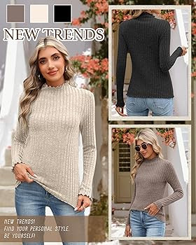 3 Pack Women's Mock Neck Sweater Long Sleeve Ribbed Knit Slim Fitted Tops Lettuce Trim Lightweigh... | Amazon (US)