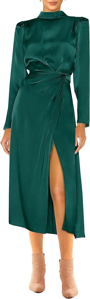 Women's 2023 Fall Satin Dress Long Sleeve Mock Neck Ruched Side Slit Elegant Silk Cocktail Party ... | Amazon (US)
