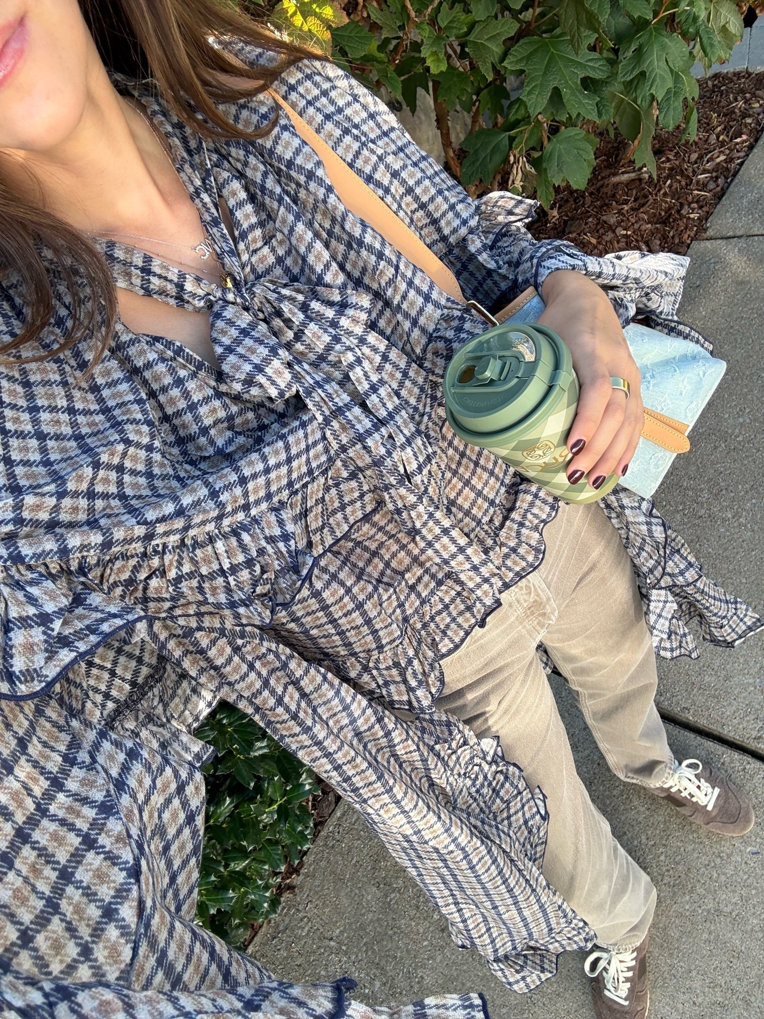 Fall outfit. Loving plaid everything and this cape top is so fun! Tan denim.