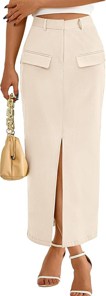 BTFBM Women High Waisted Maxi Skirt Trendy Summer Slim Business Casual Dresses Decorative Pocket ... | Amazon (US)