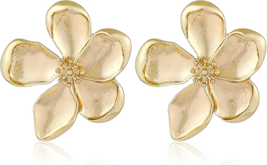 Gold Flower Earrings Large Flower Stud Earrings Flower Statement Earrings Chunky Floral Earrings ... | Amazon (US)