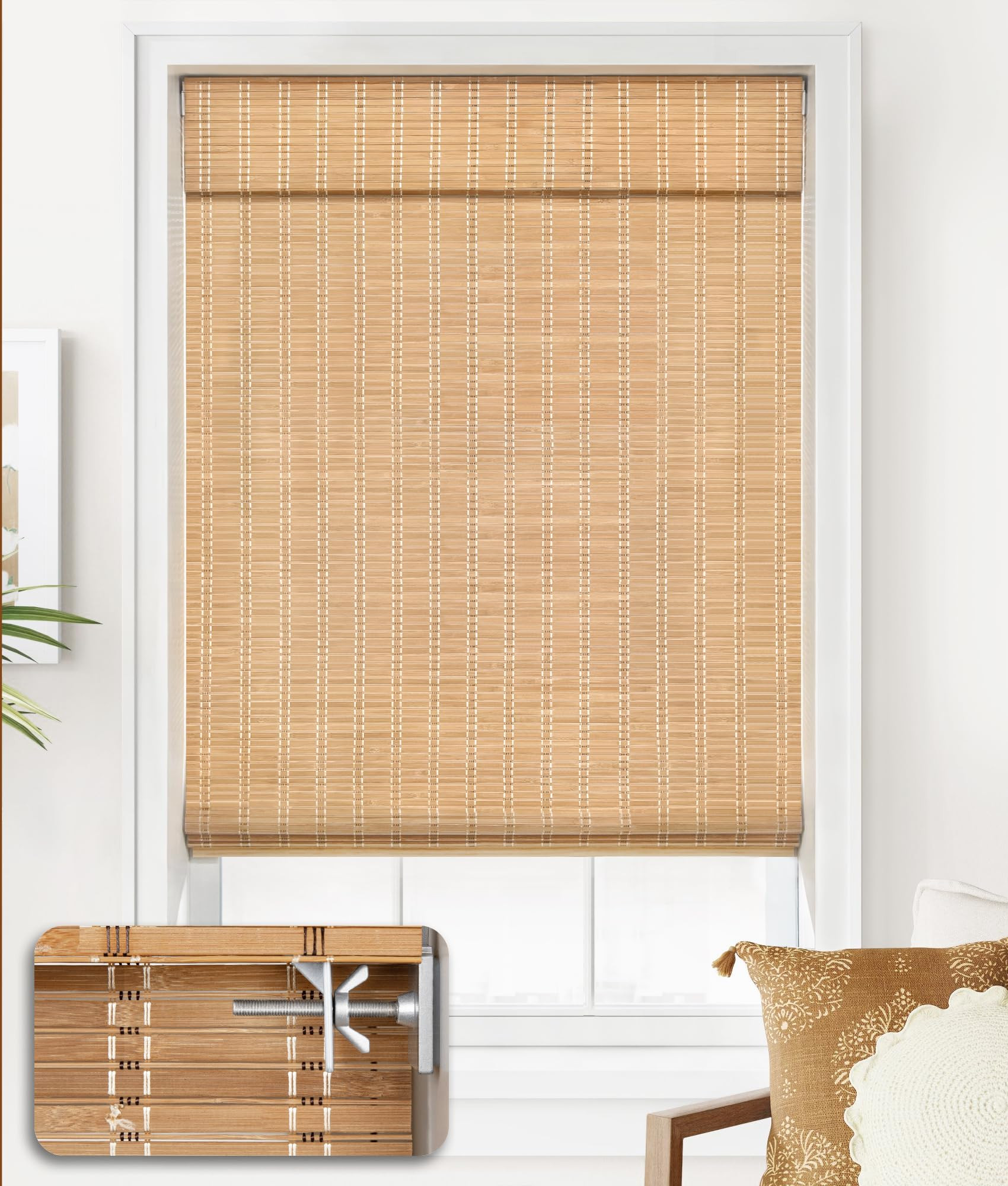 LazBlinds No Tools No Drill Cordless Bamboo Roman Shades, Light Filtering Window Treatment, Roll Up Bamboo Blinds for Window 32'' W x 64'' H, Brown | Amazon (US)
