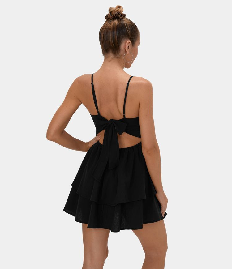 Backless Adjustable Strap Tie Back Tiered Ruffle Flowy Slip Mini Casual Cotton Dress | HALARA