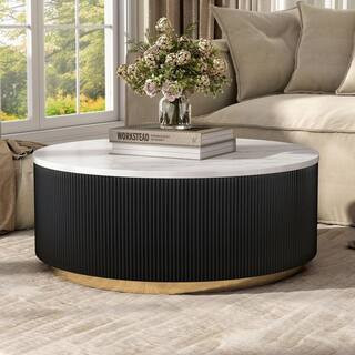 Keith 35 in. Black and White Round Marble Top Coffee Table with Gold Accent Reeded Plinth Base | The Home Depot