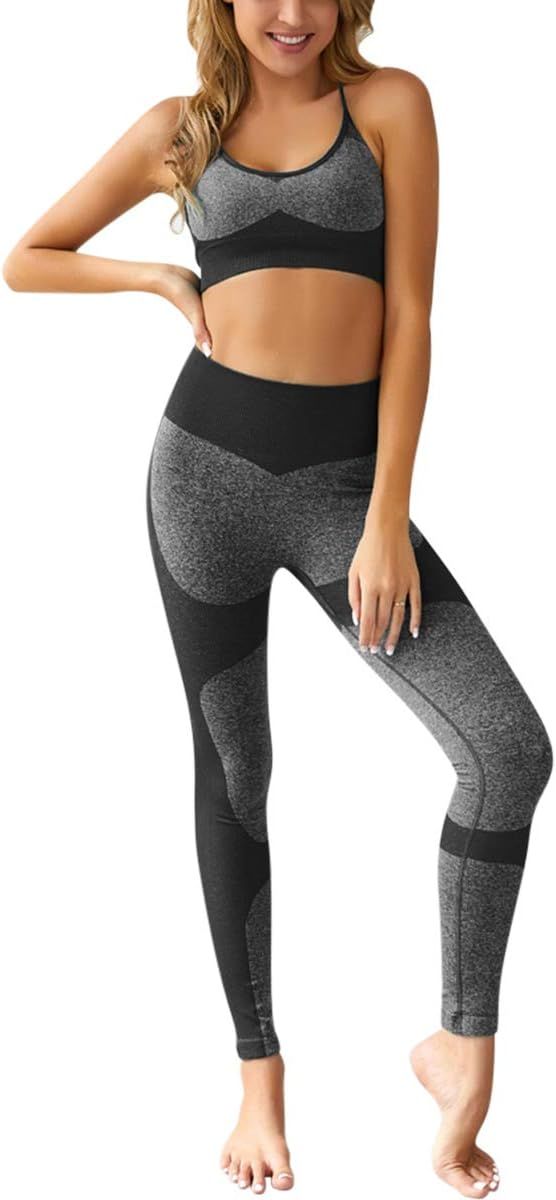 Women's Workout Outfit 2 Piece Set High Waist Seamless Yoga Leggings with Padded Sports Bra Gym C... | Amazon (US)