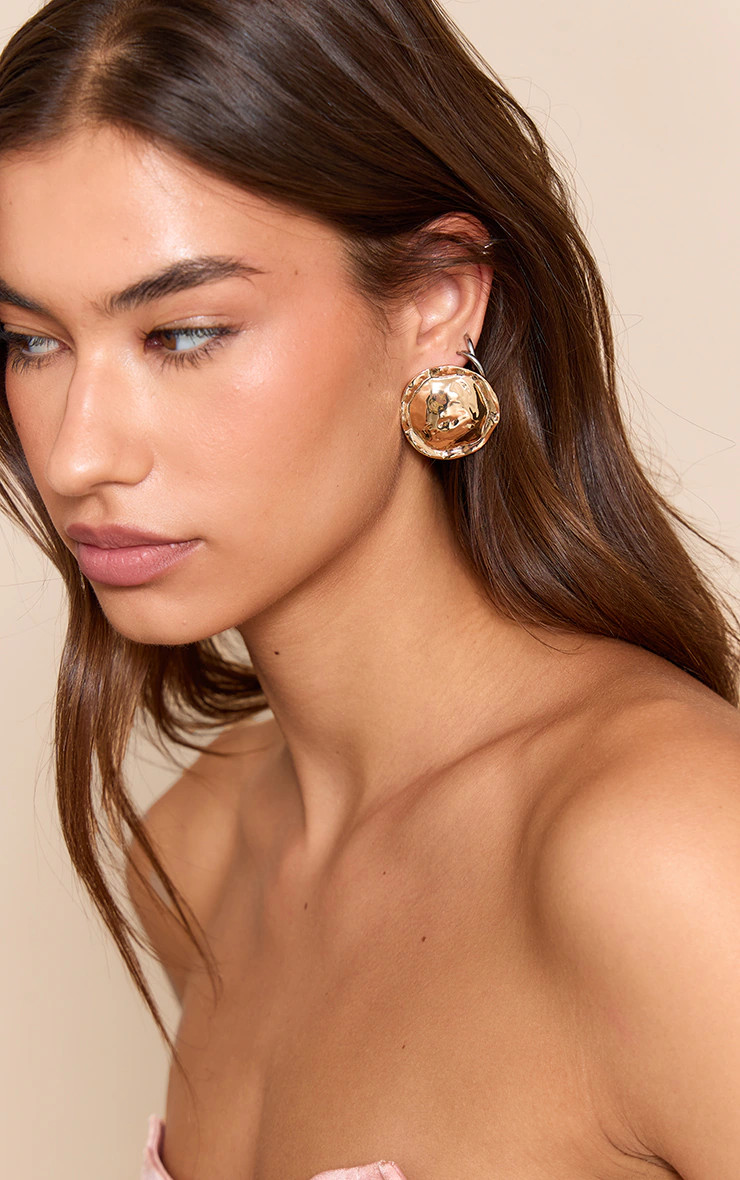 Gold Hammered Circular Earrings | Accessories | PrettyLittleThing UK
