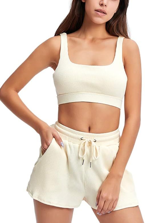 HAODIAN Women's Ribbed Workout Set Yoga Outfits 2 Piece Loose Shorts and Sports Bra Sets | Amazon (US)