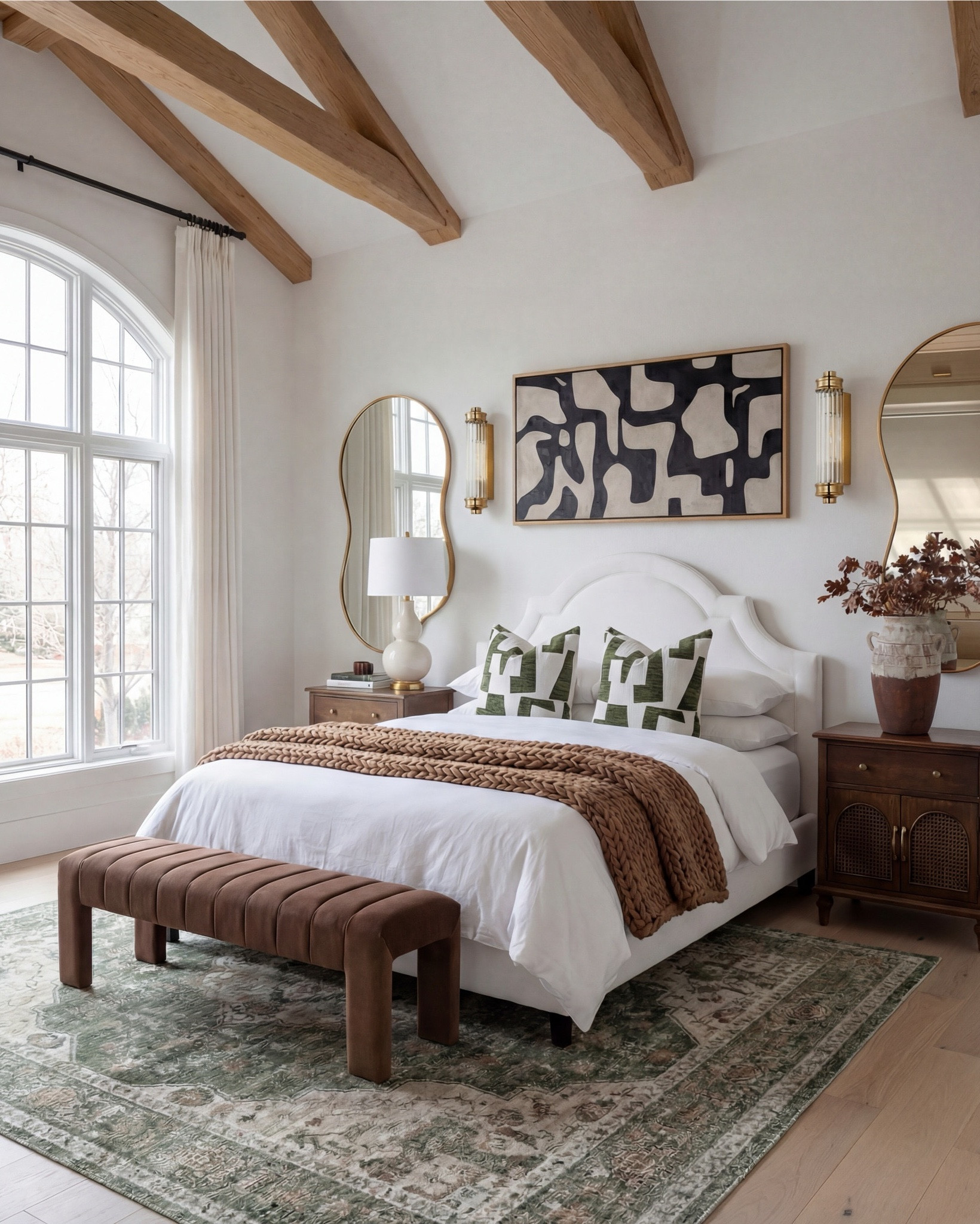 Shop the Look:
• White upholstered arched headboard bed
• White cotton duvet cover + pillow shams
• Green vintage-style area rug (distressed pattern)
• Brown chunky knit throw blanket
• Dark wood nightstands with cane doors
• White ceramic table lamp (round base)
• Brass wall sconces with glass shades
• Organic shape gold wall mirrors
• Black and beige abstract framed wall art
• Green geometric throw pillows
• Upholstered brown bench (channel tufted)
• Dark wood dresser with brass pulls
• Round ivory accent chair
• Cream throw blanket (soft knit texture)
• Tall brass floor lamp with white shade
• Decorative book stack (neutral tones)
• Small wood decorative box
• Brass round tray
• White pedestal decorative bowl
• Marble candle holders with brass rings
• Taper candles (ivory)
• Large ceramic vase with dried stems

#LTKSaleAlert

#LTKsale #LTKhome
